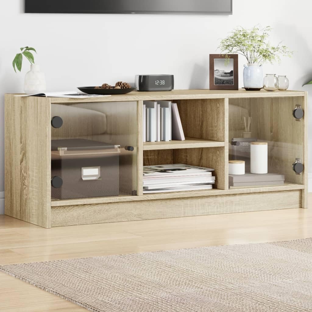 Mobile TV con ante in vetro, rovere Sonoma, 102 x 37 x 42 cm, mobile TV con vano portaoggetti, mobile basso e credenza per soggiorno, home theater, ripiano e gestione dei cavi