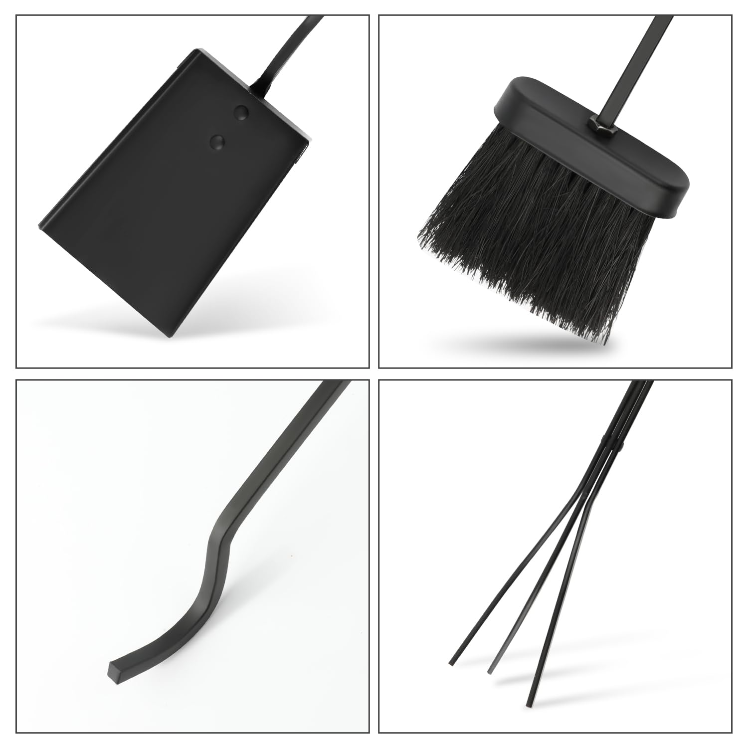Juego de 5 herramientas para chimenea de hierro forjado para interiores con pinzas de póquer, escoba, soporte para pala, herramientas de fuego (negro)