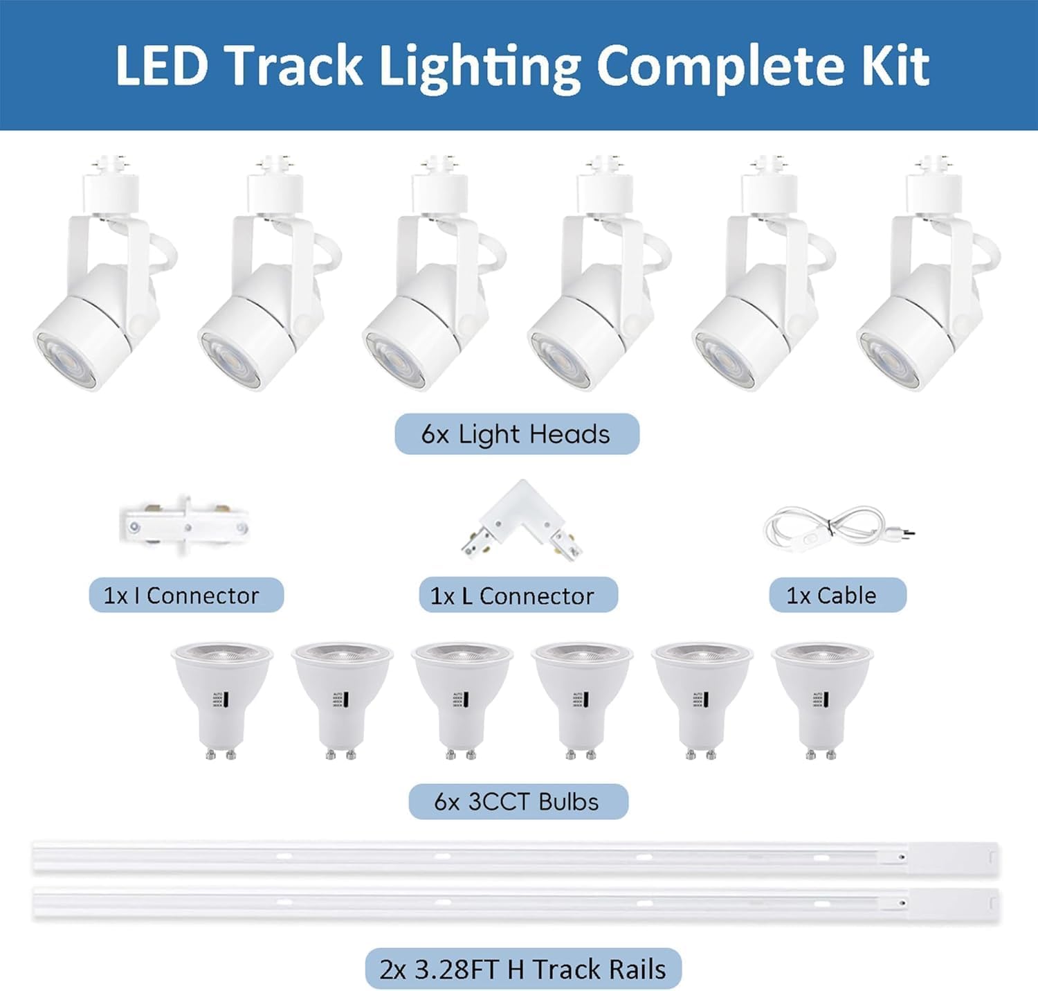 White 6PCS LED Track Lighting Kit with Advanced Replaceable GU10 Bulbs, Switchable 3CCT(3000K/4000K/6000K) and Dimmable Brightness(20%-100%), Versatile Ceiling Spotlight Fixtures for Any Space