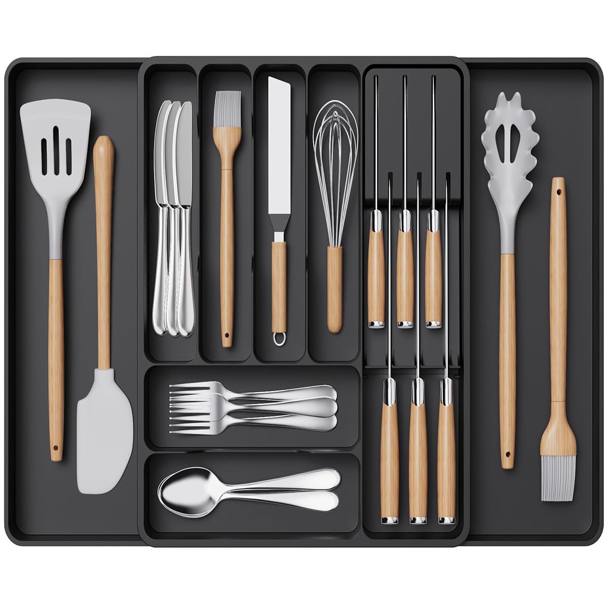Organizador de cajones para cubiertos, soporte ajustable para utensilios de cocina, bandeja expandible para cubiertos, bandeja compacta de plástico para cucharas, tenedores y cuchillos.