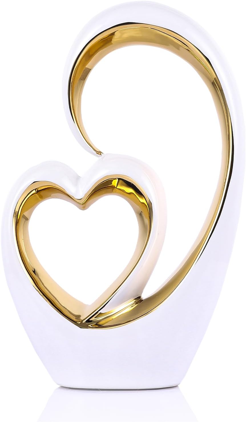 White Gold Ceramic Heart Home Decor – Love Statue, Valentine Anniversary Couple Gift for Her, Double Heart Sculpture for Home Table Shelves Centerpiece Decor, Decorative Gifts for Wedding, Bedroom