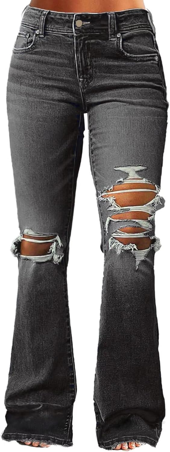 Flamingals Women’s Ripped Bell Bottom Jeans Bootcut Mid Rise Stretchy Cut Out Denim Flare Jeans