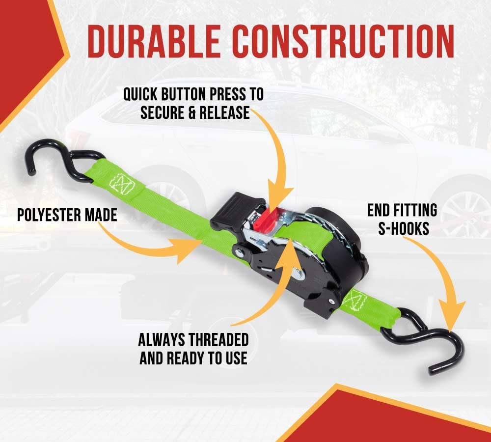 Mytee Products 4 Pack Retractable Ratchet Tie Down Straps w/S Hook - 1,500lb Break Strength Self Retracting Ratchet Straps for Haul Motorcycles, ATVs, Bikes, Trailer Tie-Down - Image 2