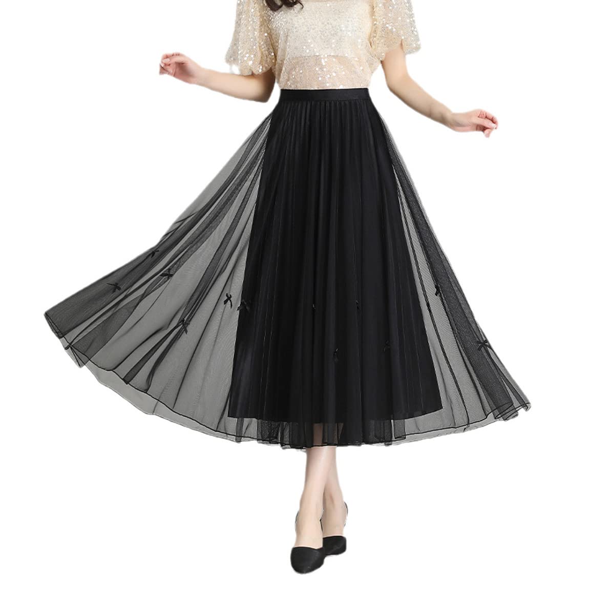 SePkus Falda Larga de Tul para Mujer, Falda Plisada Retro de Malla, Falda Midi elástica de Cintura Alta (Negro, Talla única)