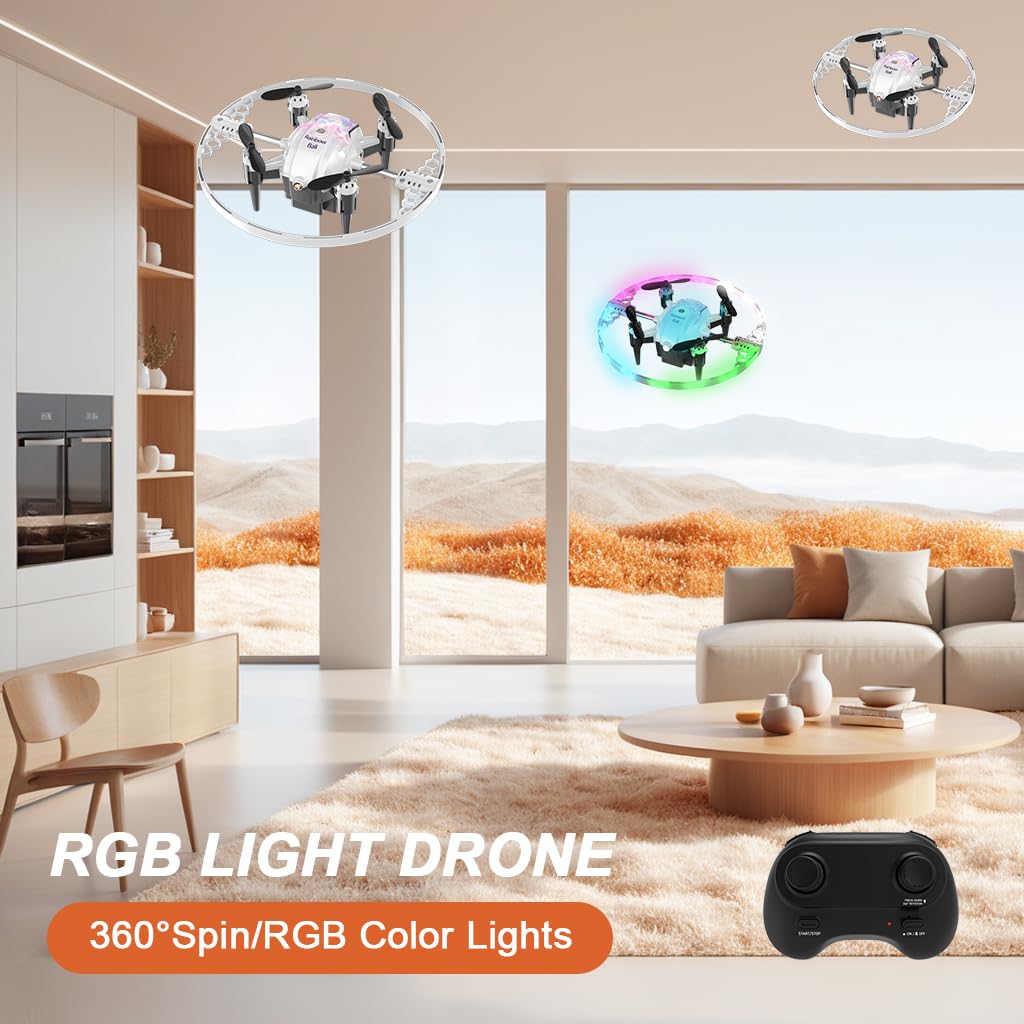 FX-41B Drone con Luci RGB, Controllo Remoto 40 Metri, Effetti 360° Rotazione - Drone LED con Illuminazione Multicolore per Interni ed Esterni (white)