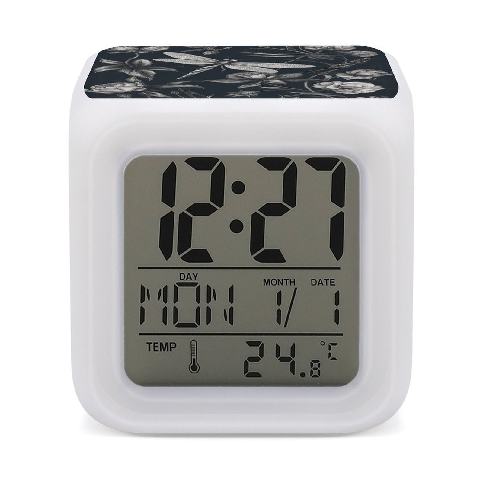 LZQPOEAS Black Flowers and Dragonfly Alarm Clock with 7 Color Changing Nightlight for Bedroom Calendar Temperature Display Wake Up Digital Clock Small Desk Clocks for Heavy Sleepers Adults
