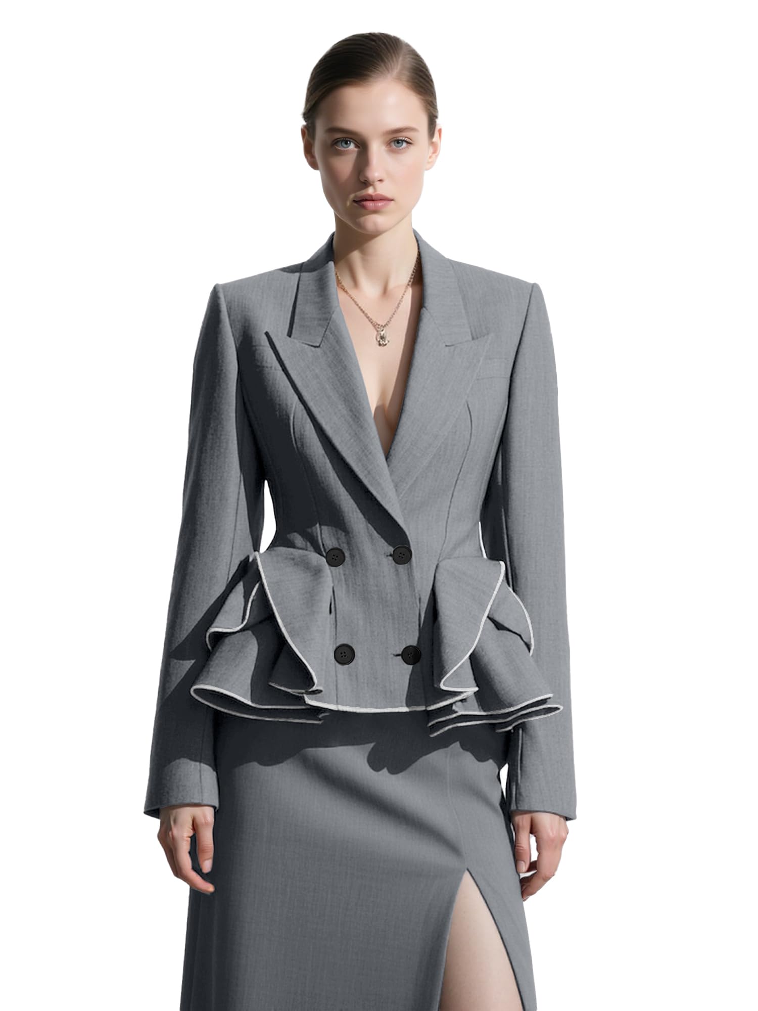 Blazer Jacket for Women Spliced Ruffles Notched Collar Double Breasted Bunsiness Office Outfit Slim Fit