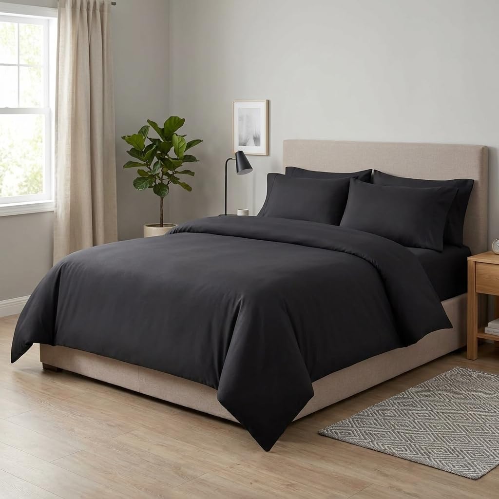M&J Home 4 Piece Microfibre Complete Bedding Set Black Super King - Duvet Cover, 35cm Extra Deep Fitted Sheet & Pillowcase(s)