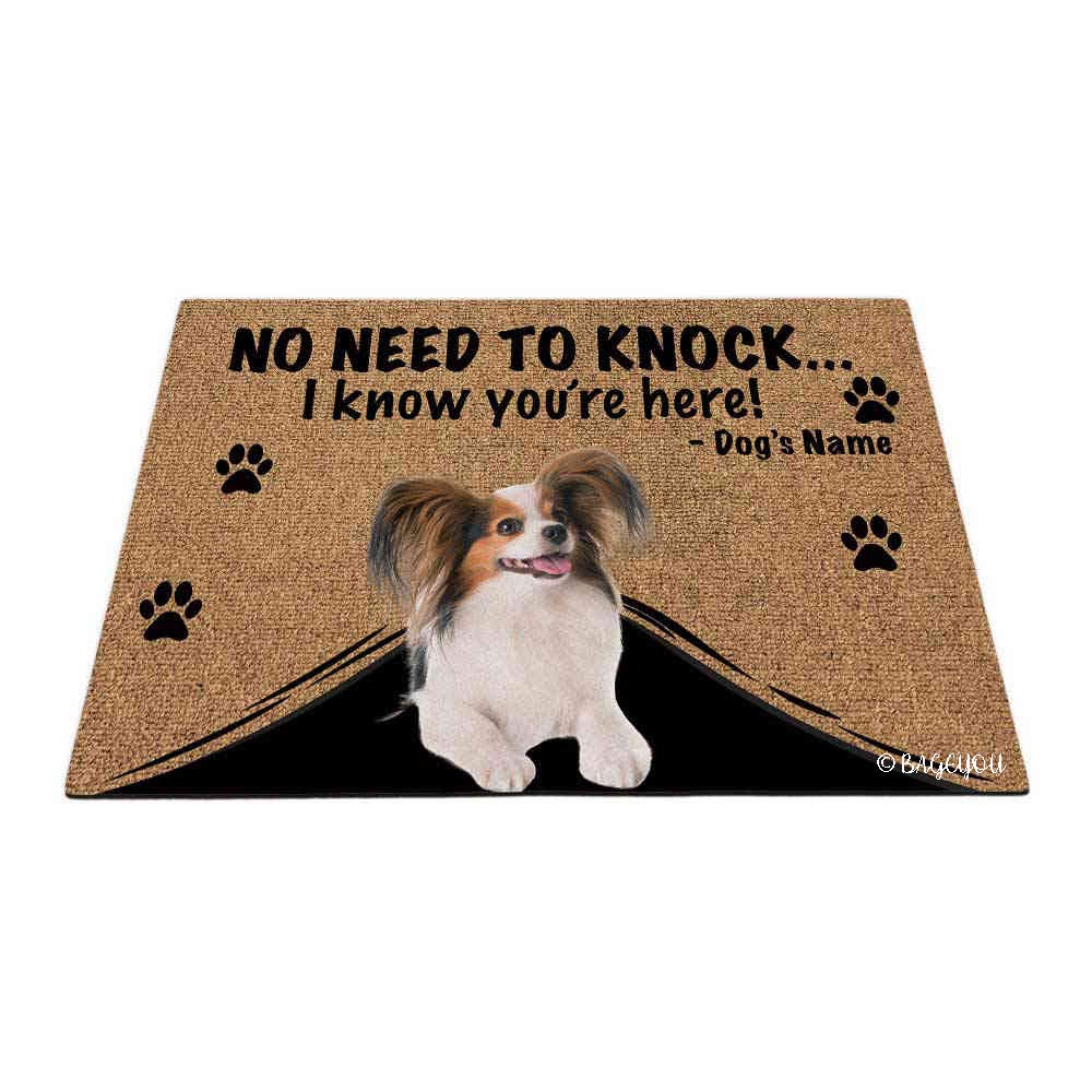 BAGEYOU Personalized Dog's Name Doormat with My Love Dog Papillon Dog Welcome Floor Mat No Need to Knock I Know You're Here 27.5" x 17.7"