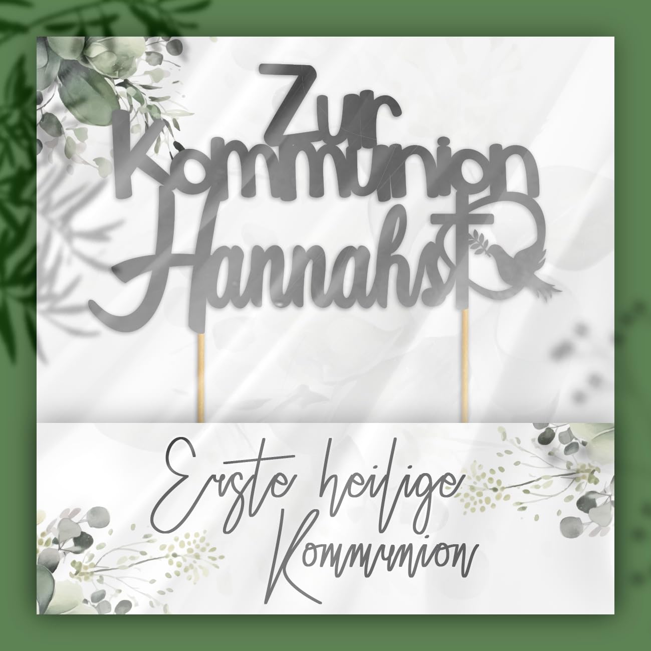 Cake Topper Personalisiert Tortenstecker mit individuellen Wunschnamen – Name, Datum, Kuchendeckel Glamour (Kommunion, Silber)