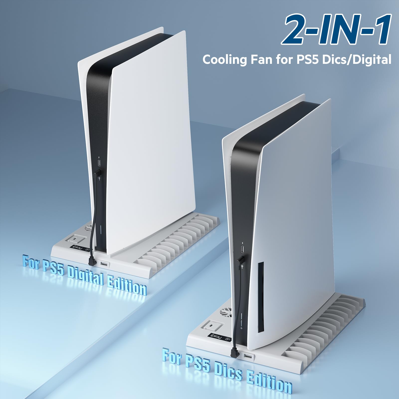 Multifunzionale Supporto Verticale USB PS5 con Ventola di Raffreddamento e Ricarica Controller, con Indicatore LED Accessori PS5 con 15 Slot di Gioco(Disco e Digitale) (Bianco)
