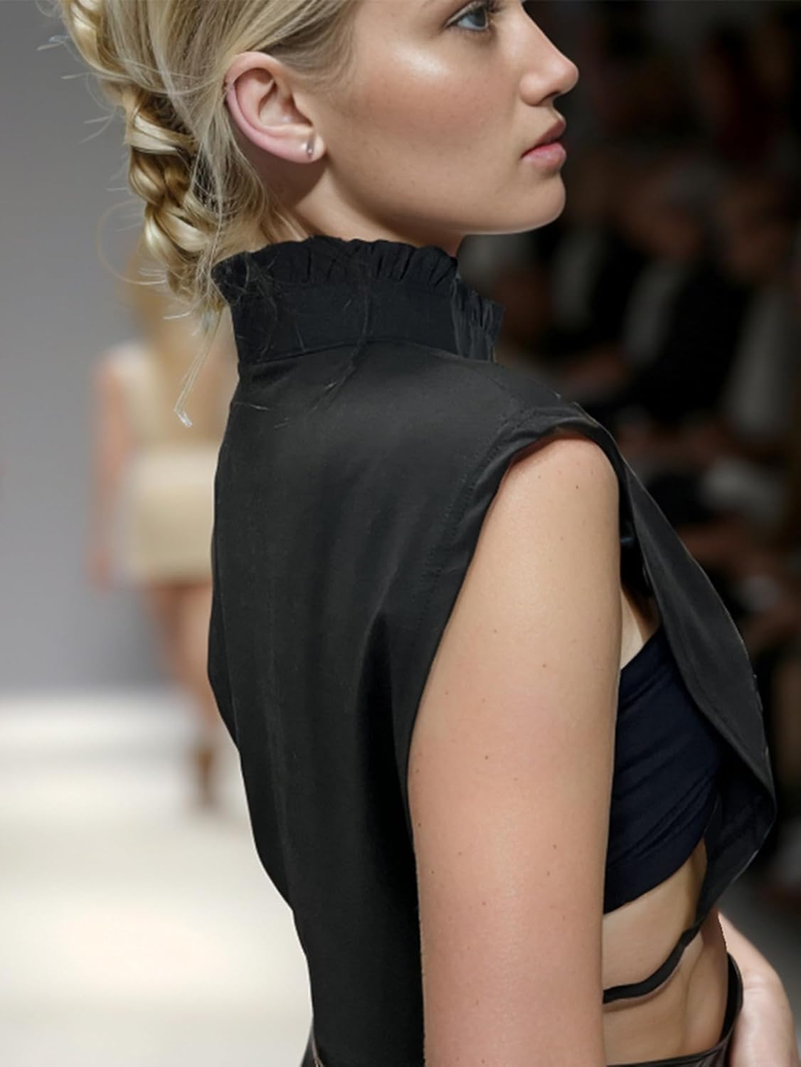 Elastic Knit Fake Collar Chiffon Pleated Lace Ruffle Collar Trim and Faux Pearl Buttons Dickey Collar for Women - Image 4