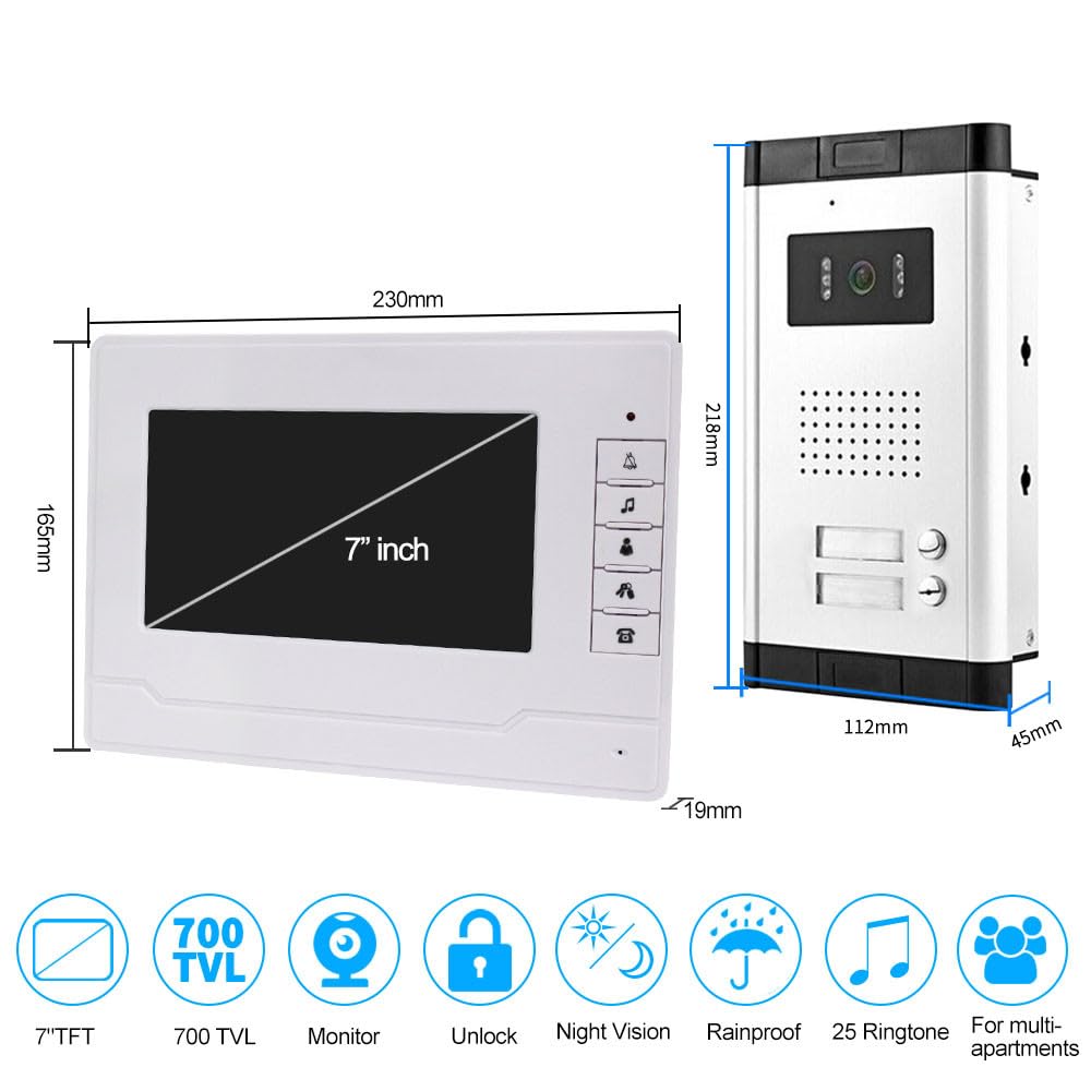Système d'interphone de Contrôle d'accès de RFID Câblé 7 "Système de Sonnette d'interphone de Moniteur de Moniteur Vidéo de Pouce pour la 2 Maison/Appartement