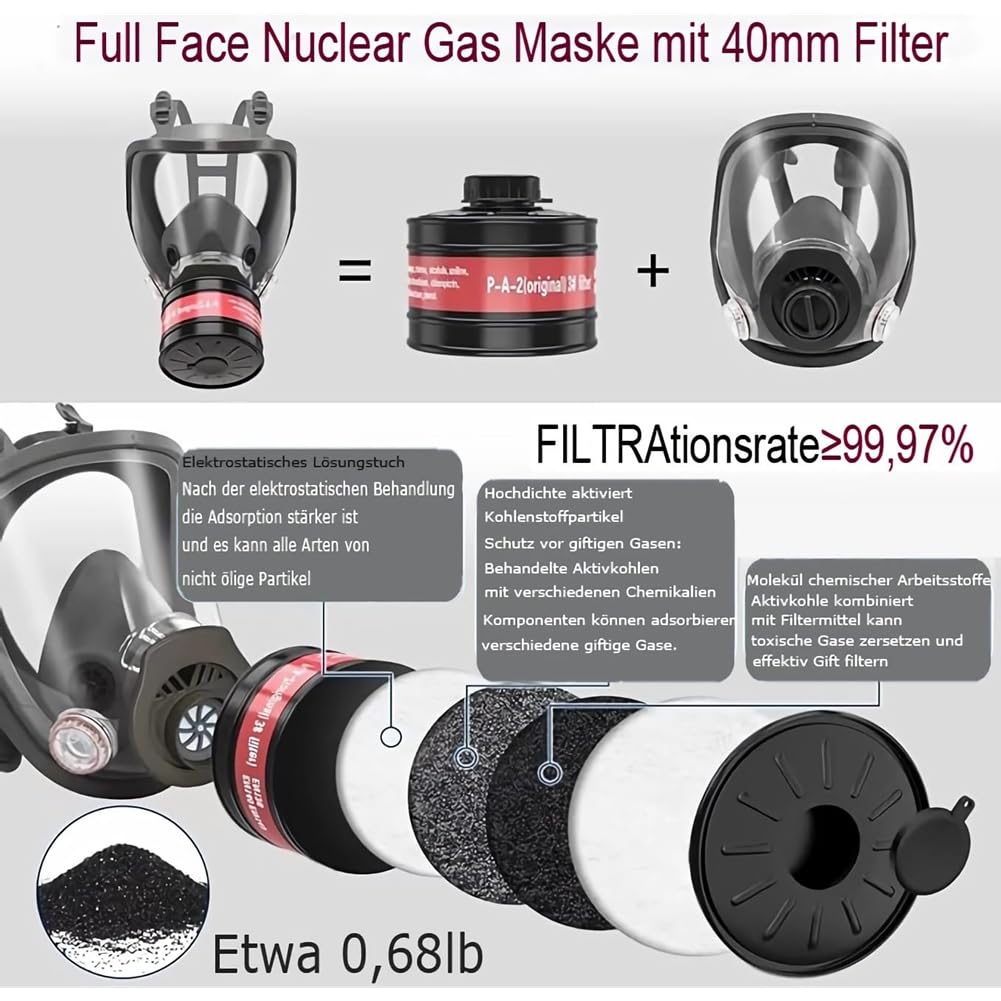 Masques à gaz de survie nucléaire et chimique, masque à gaz avec filtre à charbon actif de 40 mm, masque respiratoire à couverture intégrale