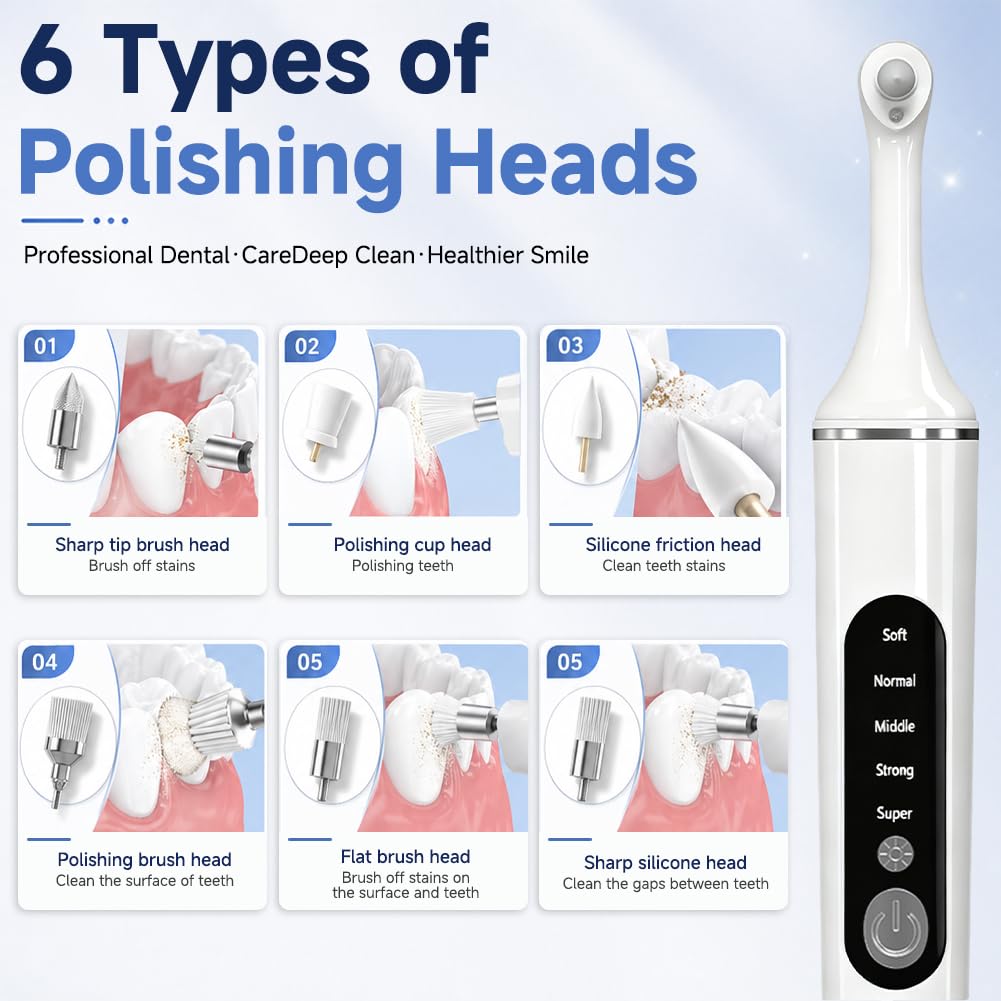 Kit di rimozione del tartaro professionale per lo sbiancamento dei denti, lucidatore dentale con 5 modalità per la pulizia dei denti e lo sbiancamento, include 6 accessori per lucidare e sbiancamento