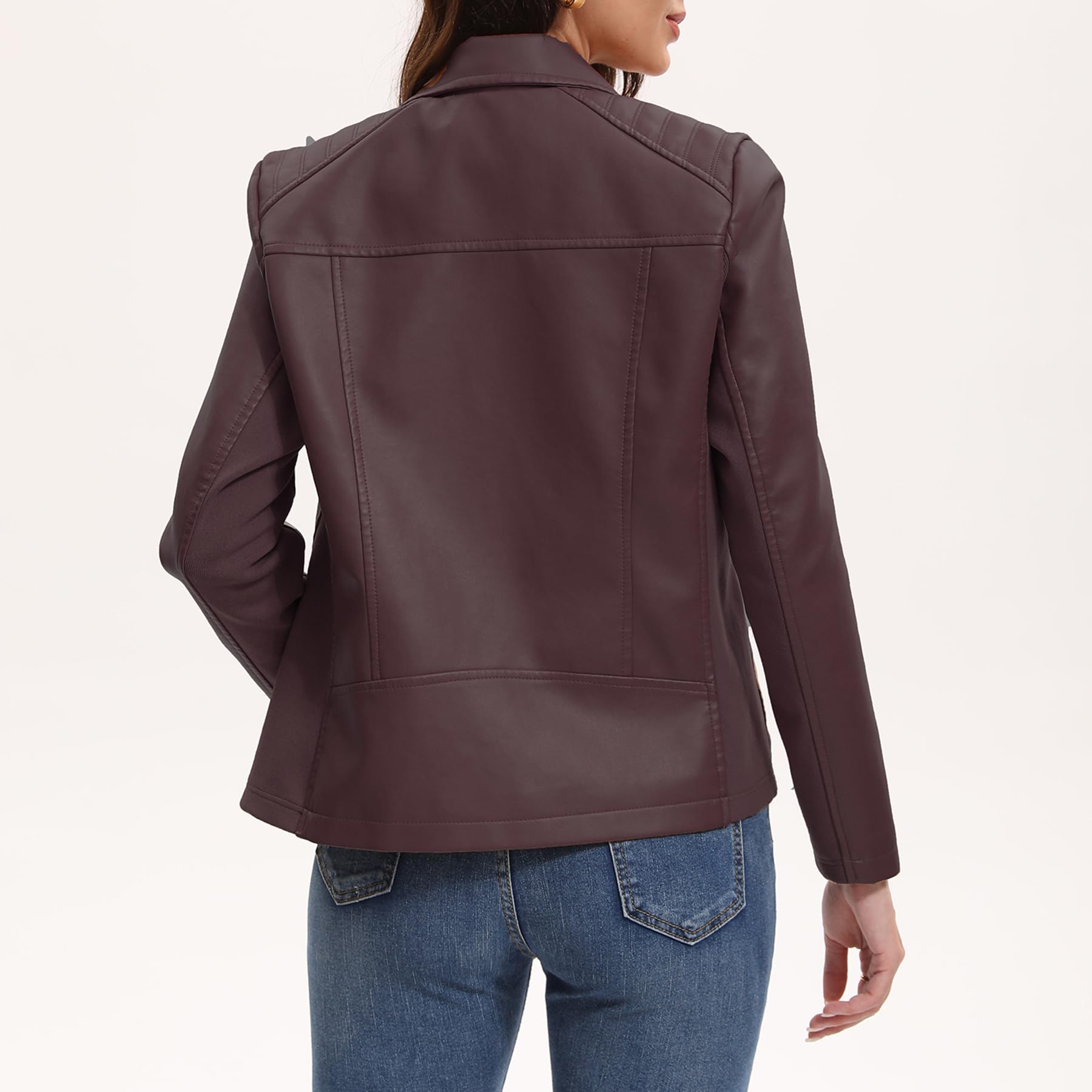 YYNUDA Chaqueta de piel para mujer, tejido elástico, chaqueta de motorista, cremallera, monocolor, piel, cuello alto, chaqueta de moto