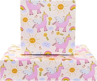 Magic Flying Unicorn Over Rainbow Flower Sunshine Dreams On Pink Wrapping Paper Sheets, Fantasy Horse With Wings and Horn Gift Wrap for Birthday Wedding Bridal Baby Shower Girl Kids, 4 Sheets Folded Flat 20x28 inches per sheet, 15 sq. ft. ttl.