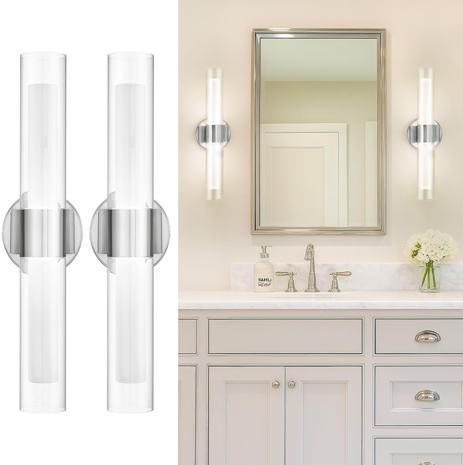 kudos Brushed Nickel Bathroom Vanity Lights Set of 2, Modern LED Wall Sconces with Clear/Frosted Glass, Adjustable 3000K/4500K/6000K