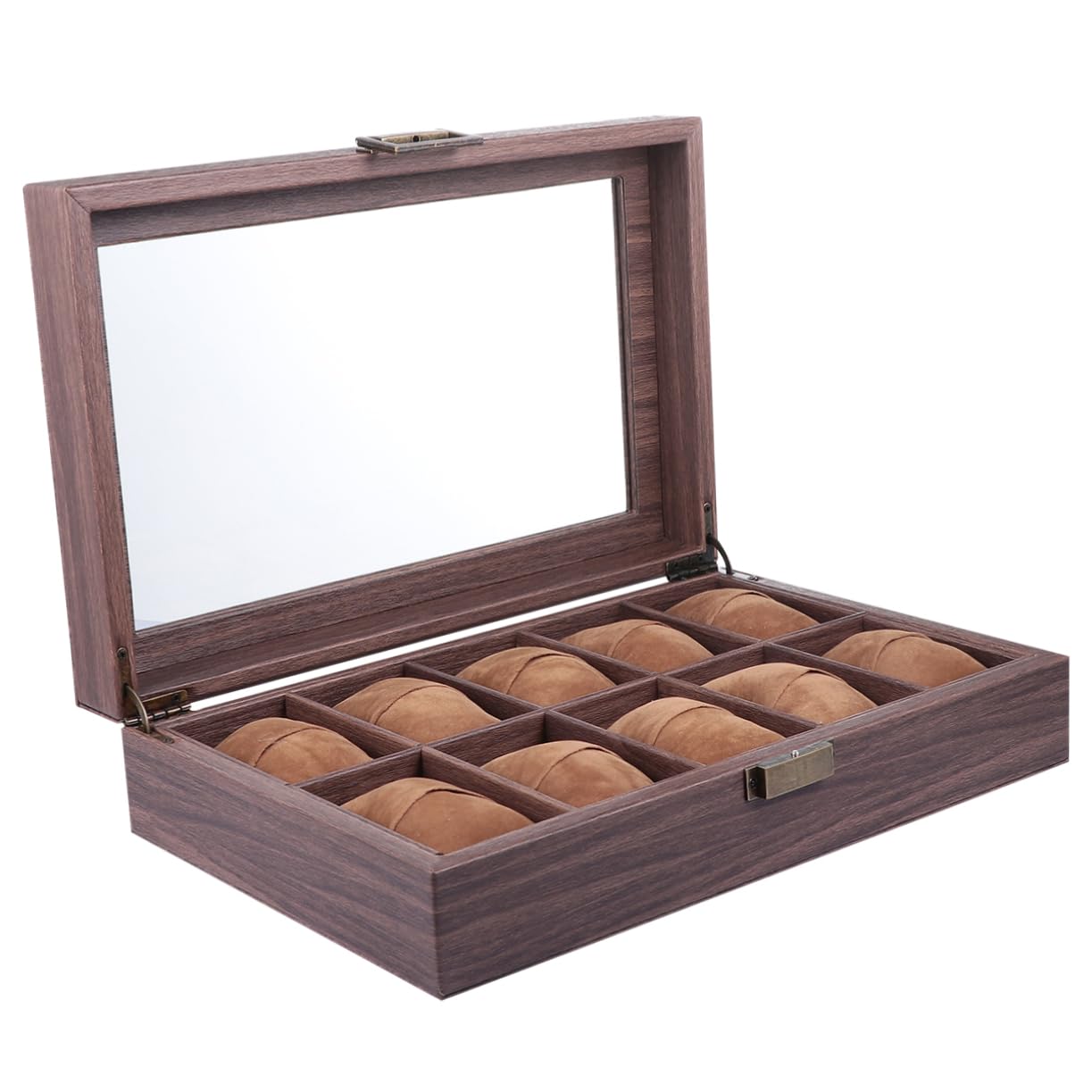 Caja De Relojes Cuero Sintético Veta De Madera Ranuras Expositor Cerrado