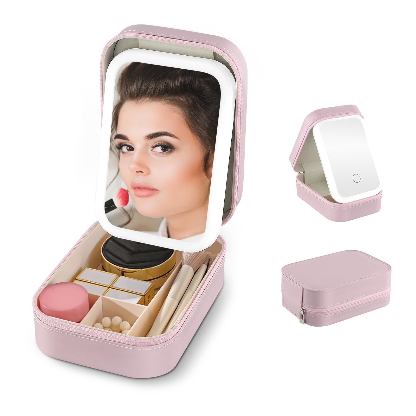 Neceser de cosméticos con espejo y luz, bolsa de maquillaje con espejo y 3 colores de control táctil, luz LED, bolsa de maquillaje de viaje, organizador de cosméticos, maletín de maquillaje portátil