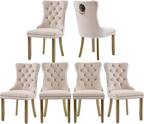 Miniatura 45 de Juego de 6 sillas de comedor marrones, sillas de comedor tapizadas con tela de lino acolchada con capitoné, con respaldo alto, ribete de tachuelas y