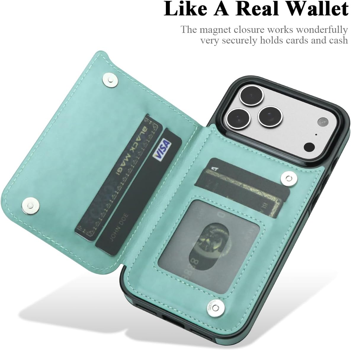 MMHUO for iPhone 17 Pro Max Case with Card Holder,Flower Magnetic Buttons Protective Wallet Case for Women for iPhone 17 Pro Max (6.9 Inch),Mint - Image 2