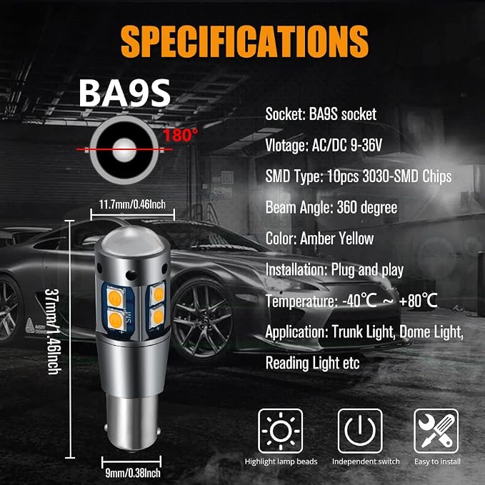 YEORO 2pcs AC/DC 9-36V BA9S Bombillas LED Ámbar miniatura 7