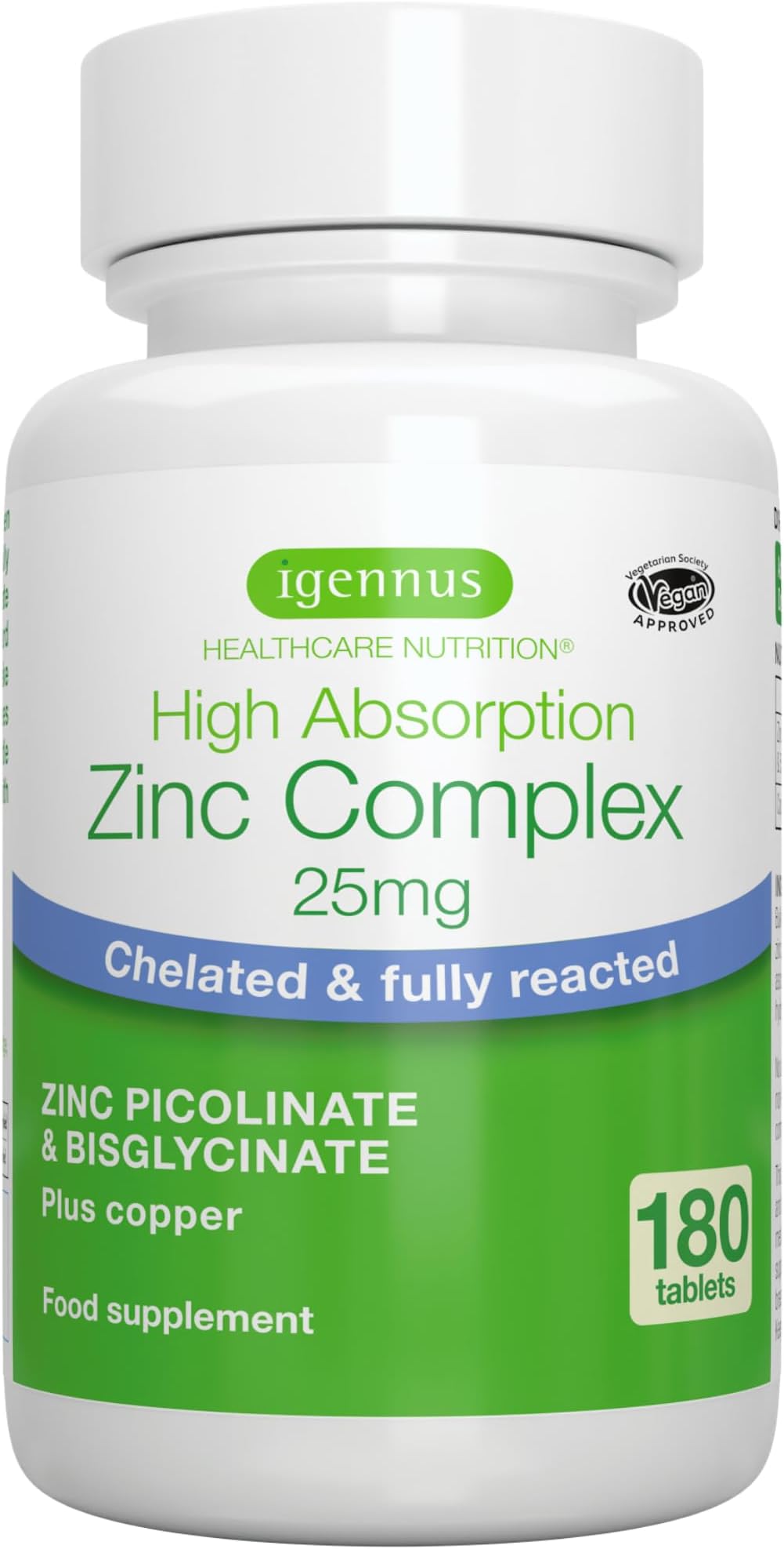 Igennus Chelated Zinc Complex 25mg with Copper, Picolinate & Bisglycinate