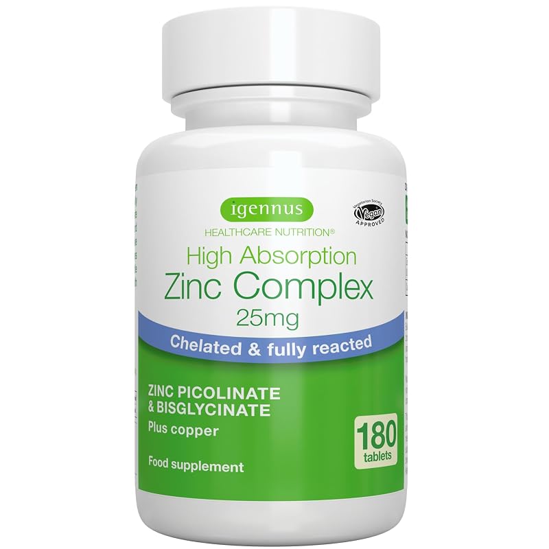 Igennus Healthcare Nutrition Suplemento de Zinco Quelato com Cobre, Picolinato e Bisglicinato 25 mg, 180 comprimidos