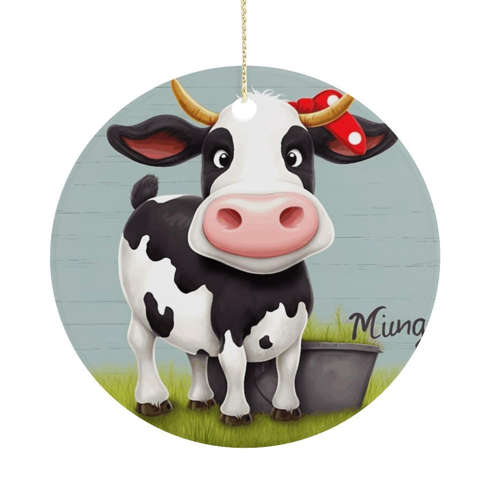 Cute Cow Christmas Ornaments Colorful Round Ceramic Ornament Christmas Hanging Decor Christmas Tree Decorations Xmas Keepsake for Women Men Xmas Holiday Party