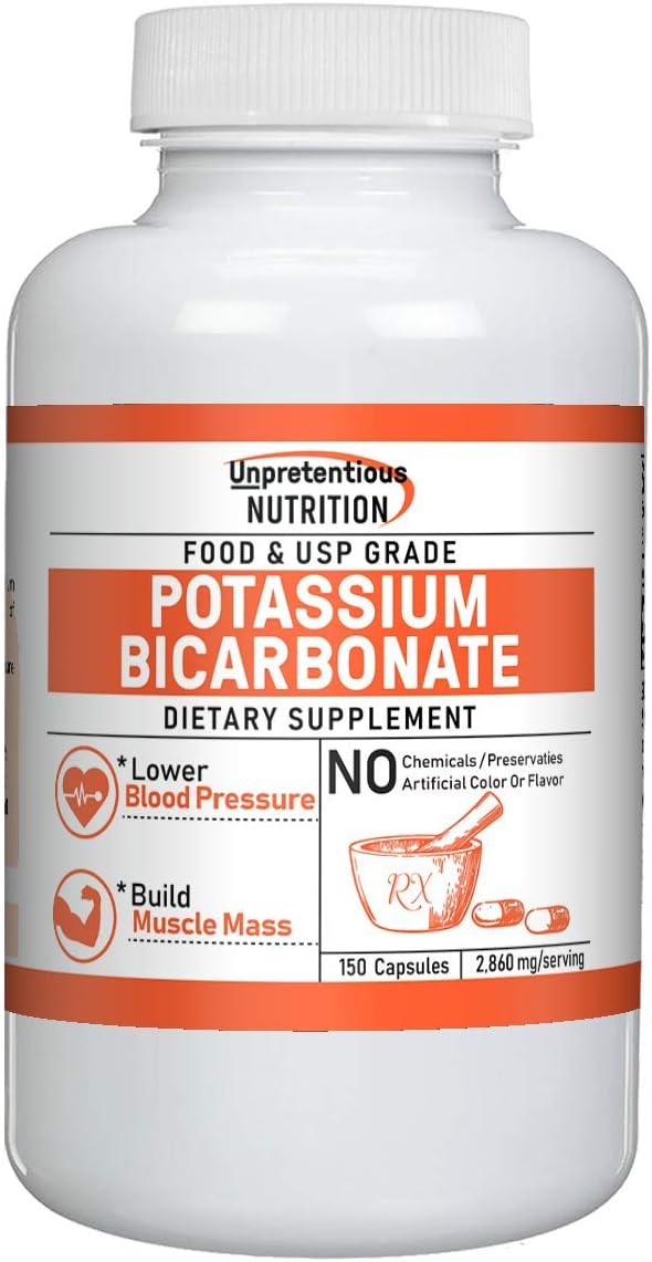 Potassium Bicarbonate Capsules, 150 Capsules, 715 mg per Serving by Unpretentious Nutrition, High in Potassium, Food & USP Pharmaceutical Grade, for Good Heart, Muscle & Nerve Health (37-Day Supply)