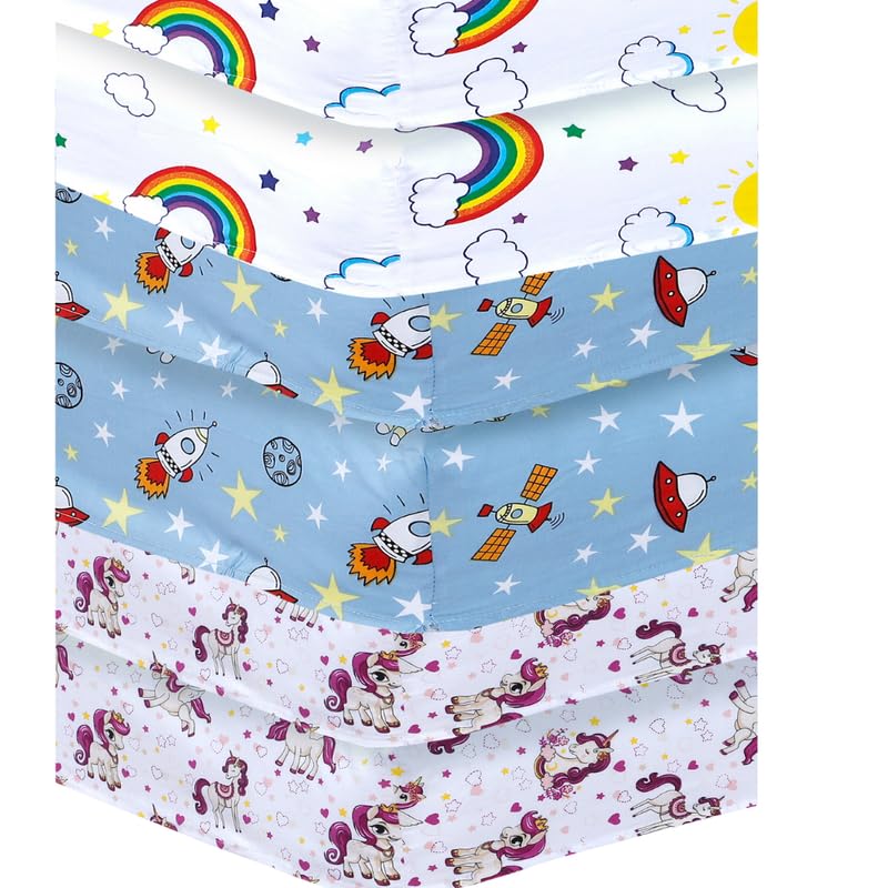 6 X Cot Bed Fitted Sheets, 70 x 140 cm Easy Care Fine Quality (Rainbow-Space Blue-Unicorn)