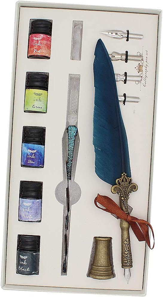 SIPLIV Calligraphy Feather Pen Glass Dip Pen Set including Feather Dip Pen, Glass Pen, 5 Colors Ink, 4 Replacement Nibs - Image 3