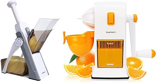 SUPMAKIN Cortador de mandolina segura + exprimidor de cítricos manual portátil para hacer jugo de naranja