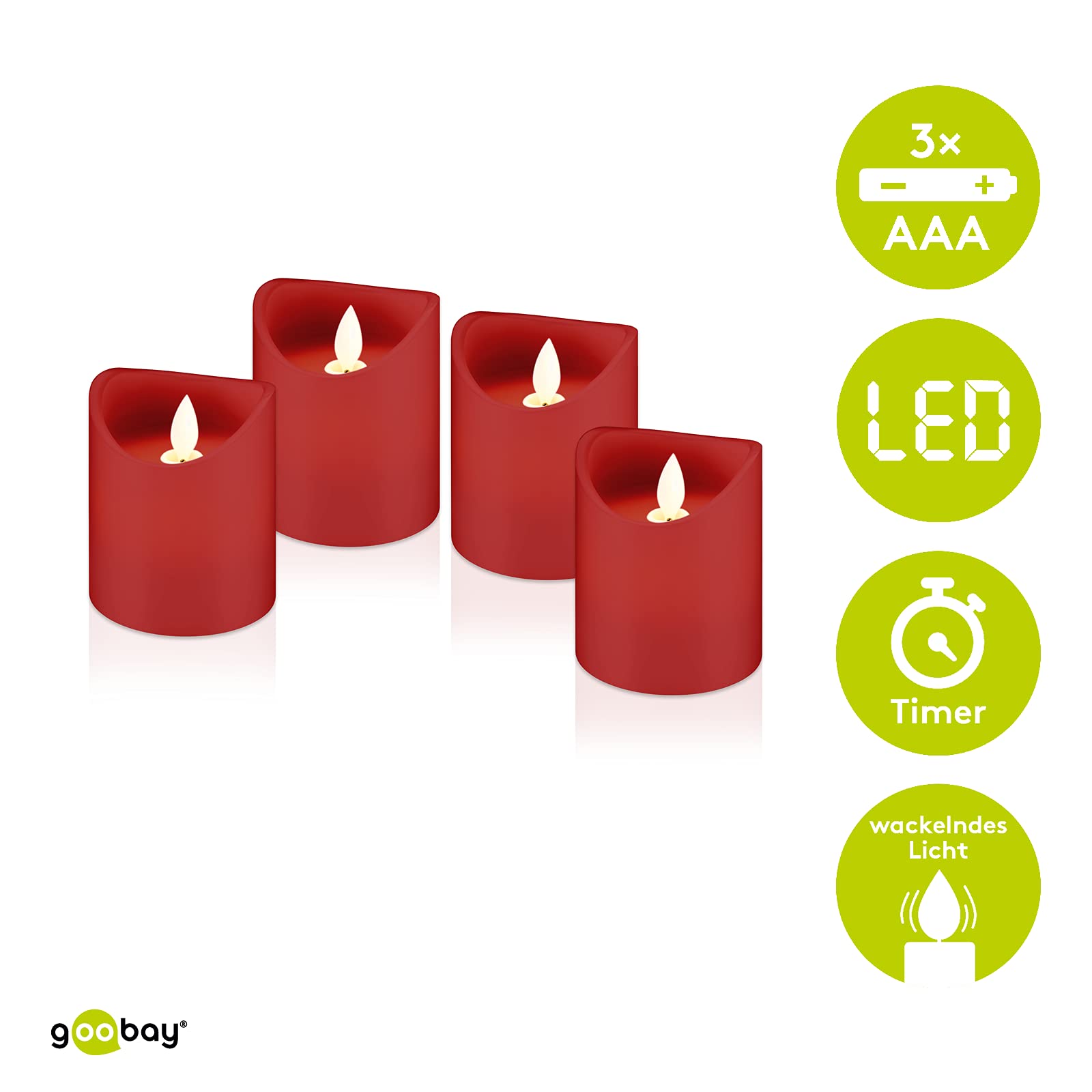 Goobay 44591 świece LED z funkcją timera/ciepłe światło LED świeca pieńkowa/LED świece z prawdziwego wosku, migoczący płomień, świece elektryczne, świece adwentowe, zestaw 4 szt., czerwone