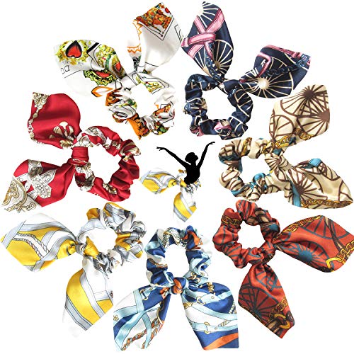 Silk Scrunchies for Hair Scarf Scrunchie - Vsco Girl Stuff Patterned Ribbons Bunny Ears Cute Ponytail Holder with Bows Accessories for Women Lightweight Hair Ties Pack 3 by ASmileBox (7Pcs/7colors)