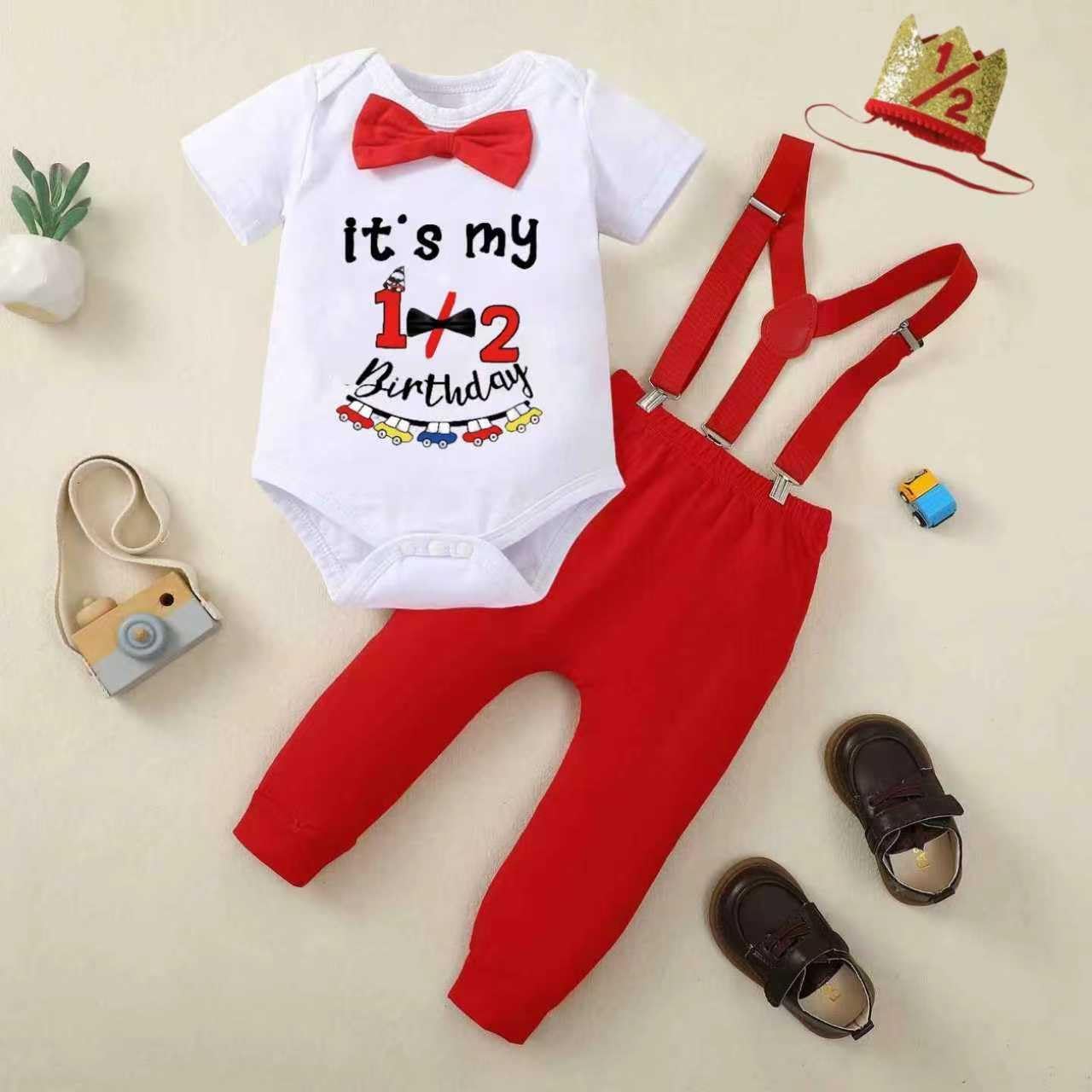 Baby Boy Funny 1/2st Birthday Clothes Infant Clothes Bow Tie Themed Romper Pants Set Suspenders - Image 6