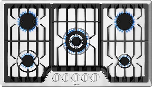 TOPWISH 5 ITALY SABAF - Placa de cocina de gas integrada de 36 pulgadas, estufa de gas 37,600BTU, convertible, de acero inoxidable con protección de