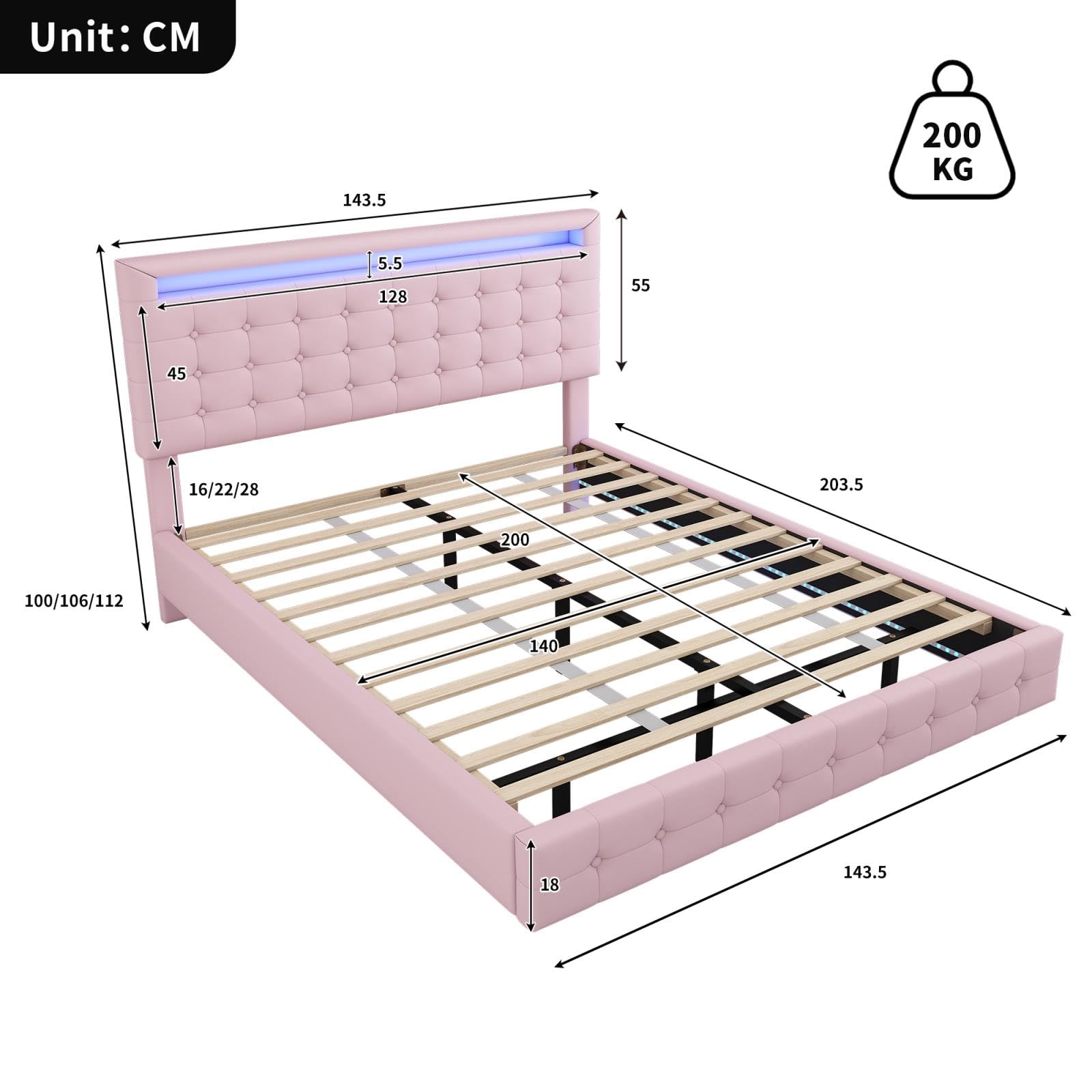 Lit Double 140x200 Avec Tiroirs Et LED - Revêtement PU, Structure Métal | Moderne Et Fonctionnel