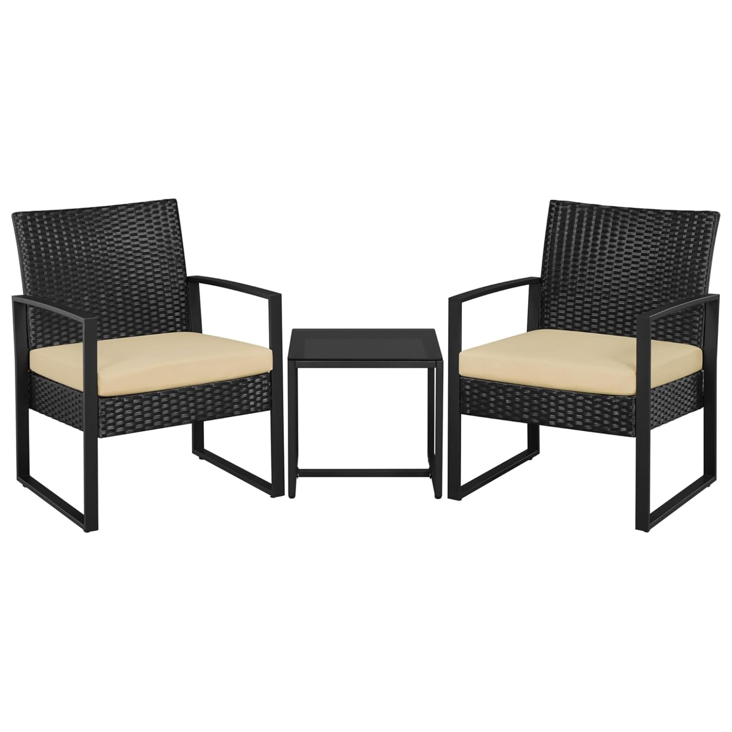 Set Arredo Da Giardino 2 Poltroncine Con Tavolino Ideale Per Esterno Balcone Terrazzo Patio Sedie Con Cuscini Beige Polyrattan E Metallo Design Moderno 57.5 x 63 x 76 Cm Nero