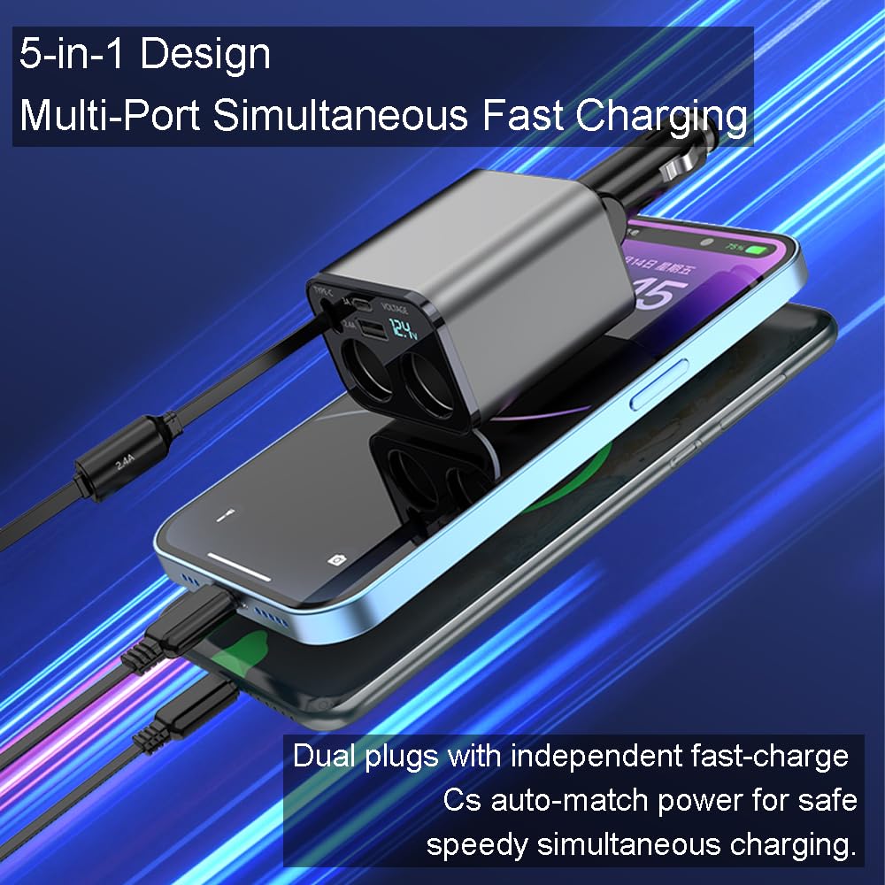 Caricabatteria da auto retrattile 2 in 1 da 90 W con cavi Lightning e tipo C, porta USB, display di tensione, ricarica rapida per tutti i dispositivi mobili