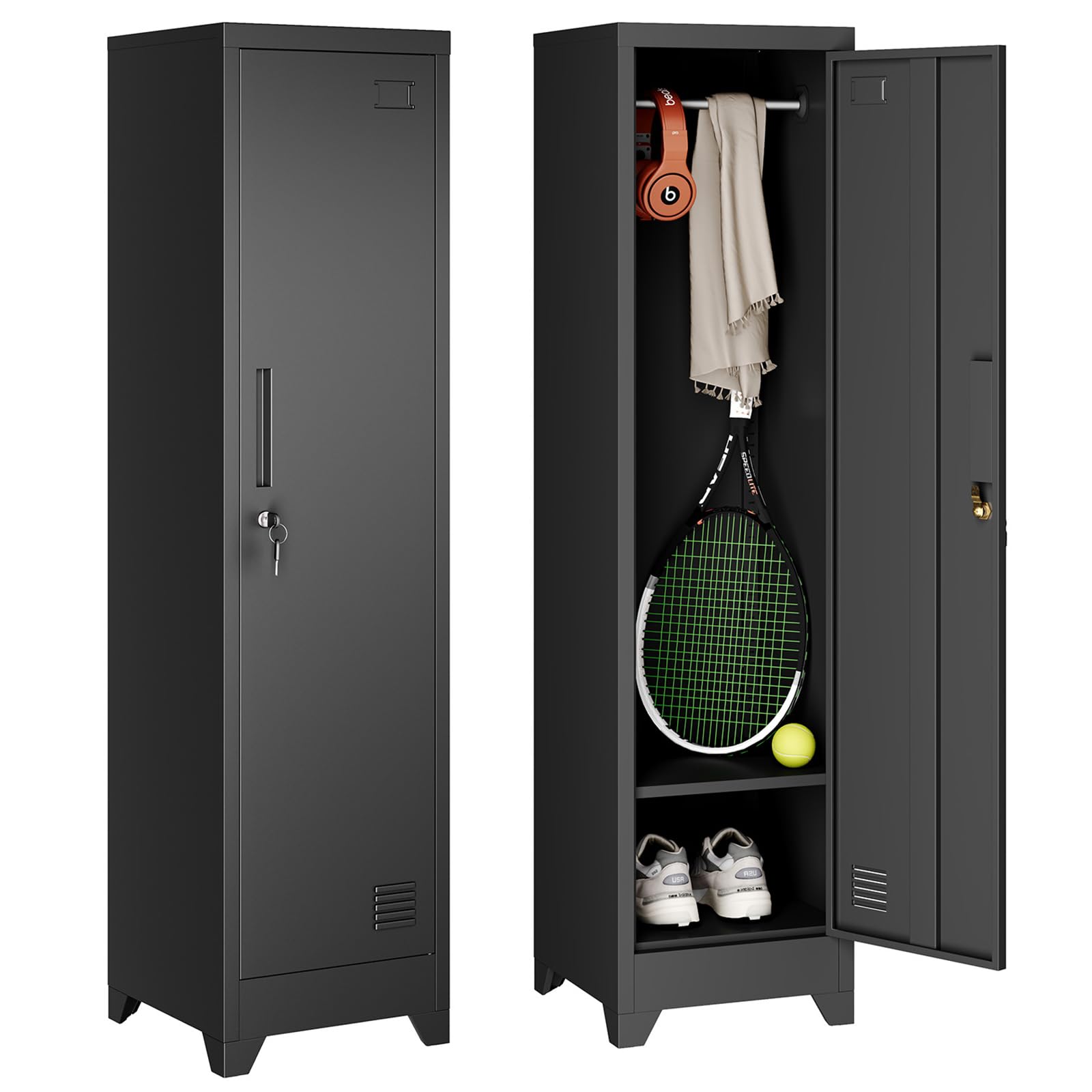 Dripex Metallschrank mit Hängestange, Stahlschrank Aktenschrank abschließbar Aufbewahrungsschrank Mehrzweckschrank Stahlspind für Schule Haus Büro Garag, Schwarz, 150 x 38 x 38 cm