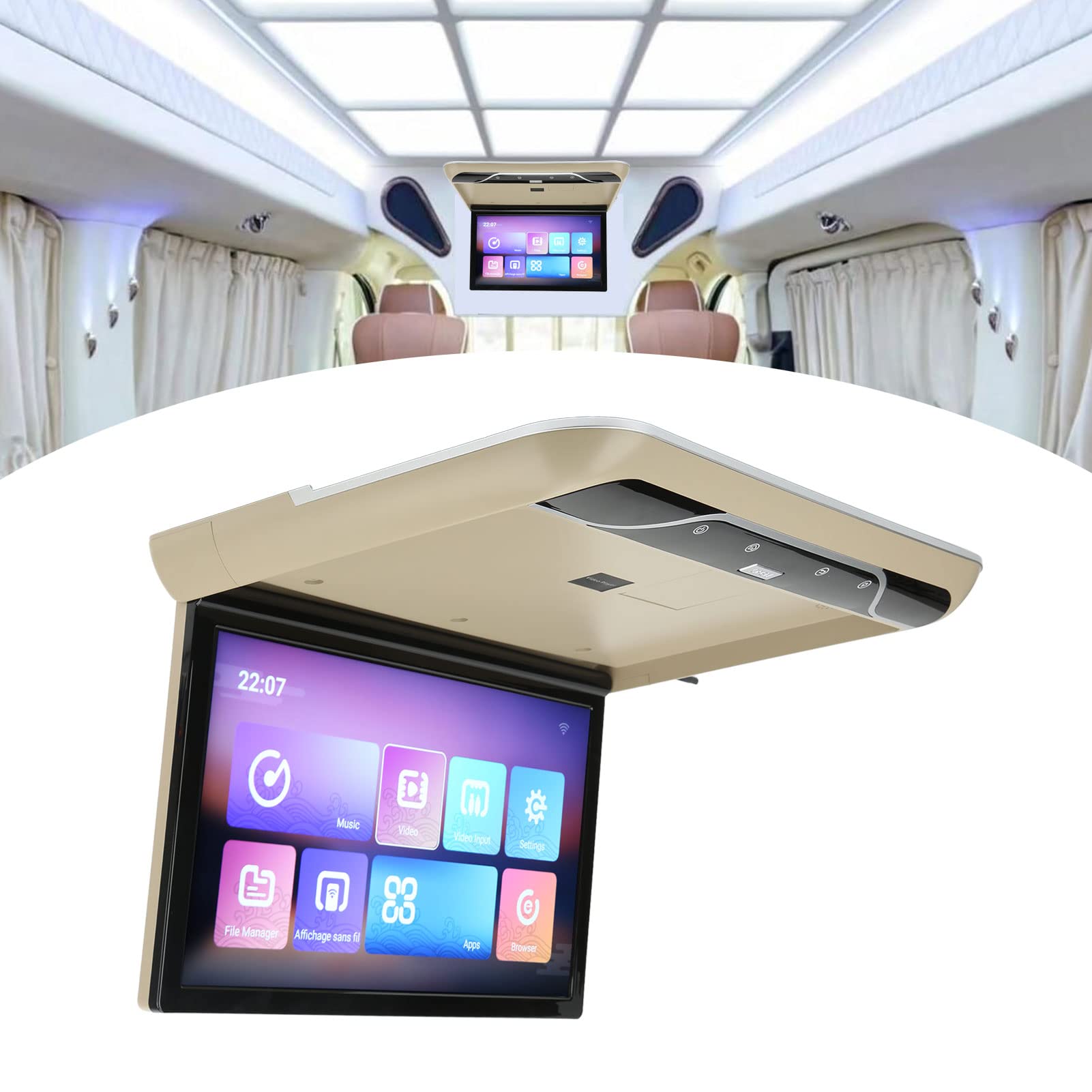 Reproductor Aéreo de Coche de 19 Pulgadas, Pantalla Táctil de Alta Definición, Monitor Abatible hacia Abajo para Montaje en Techo de Coche, Multifunción para Android 9,0