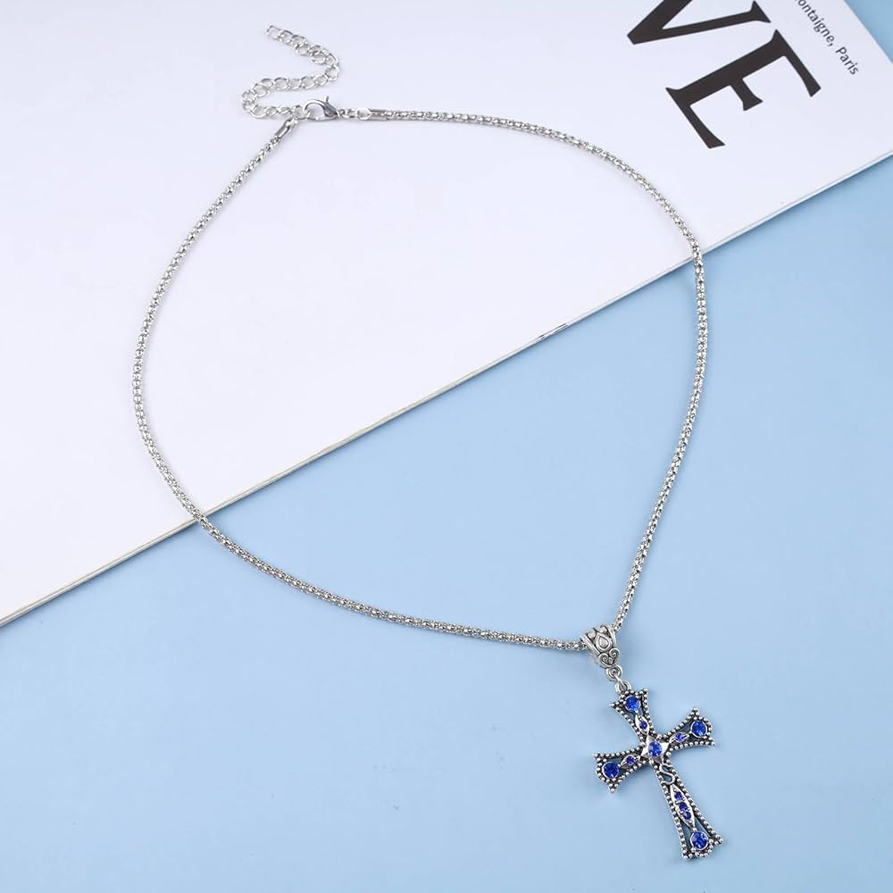 Zeshimb Gothic Diamond Cross Necklace Dainty Blue Crystal