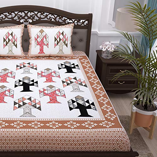 Image of Story@Home Pandora Collection 152 TC 100% Cotton Bedsheet for Double Bed with 2 Pillow Covers (90 X 108 Inch, White & Light Brown)