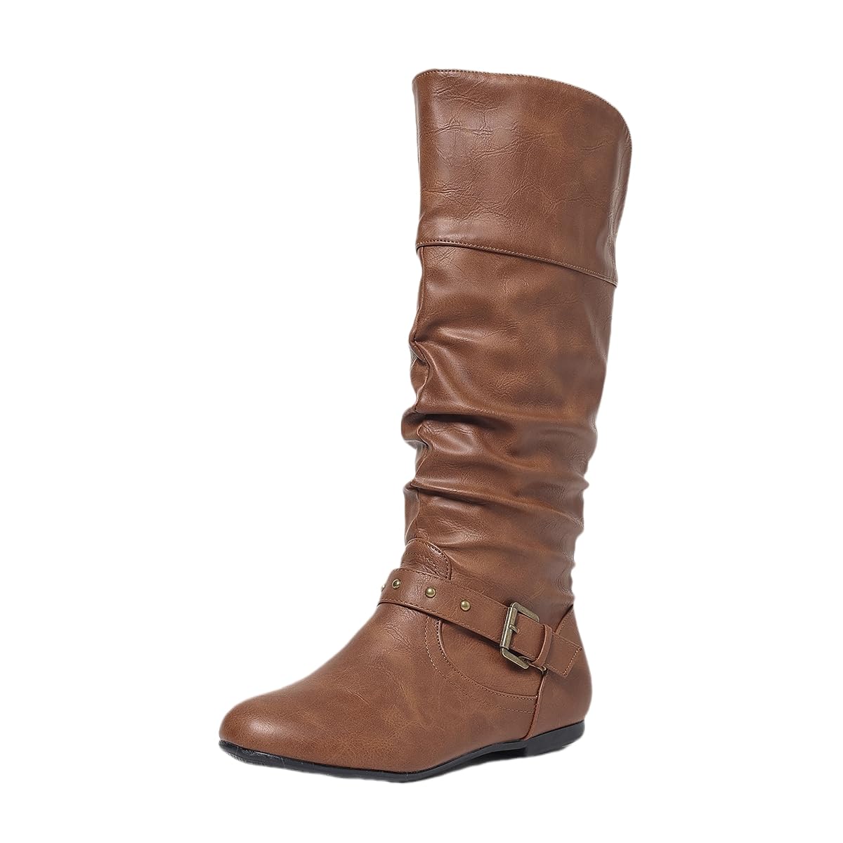 AtXiteli Brown Slouchy Mid Calf Boots for Women - Wide Calf Flat Boots with Side Zipper for Fall