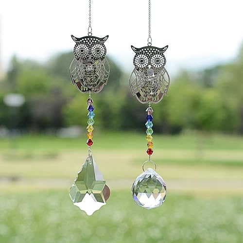 Miniatura 2 de Atrapasoles de cristal con cuentas de chakras, búho, ventana, adorno colgante de arco iris, paquete de 2 para Navidad, boda, decoración de ventana