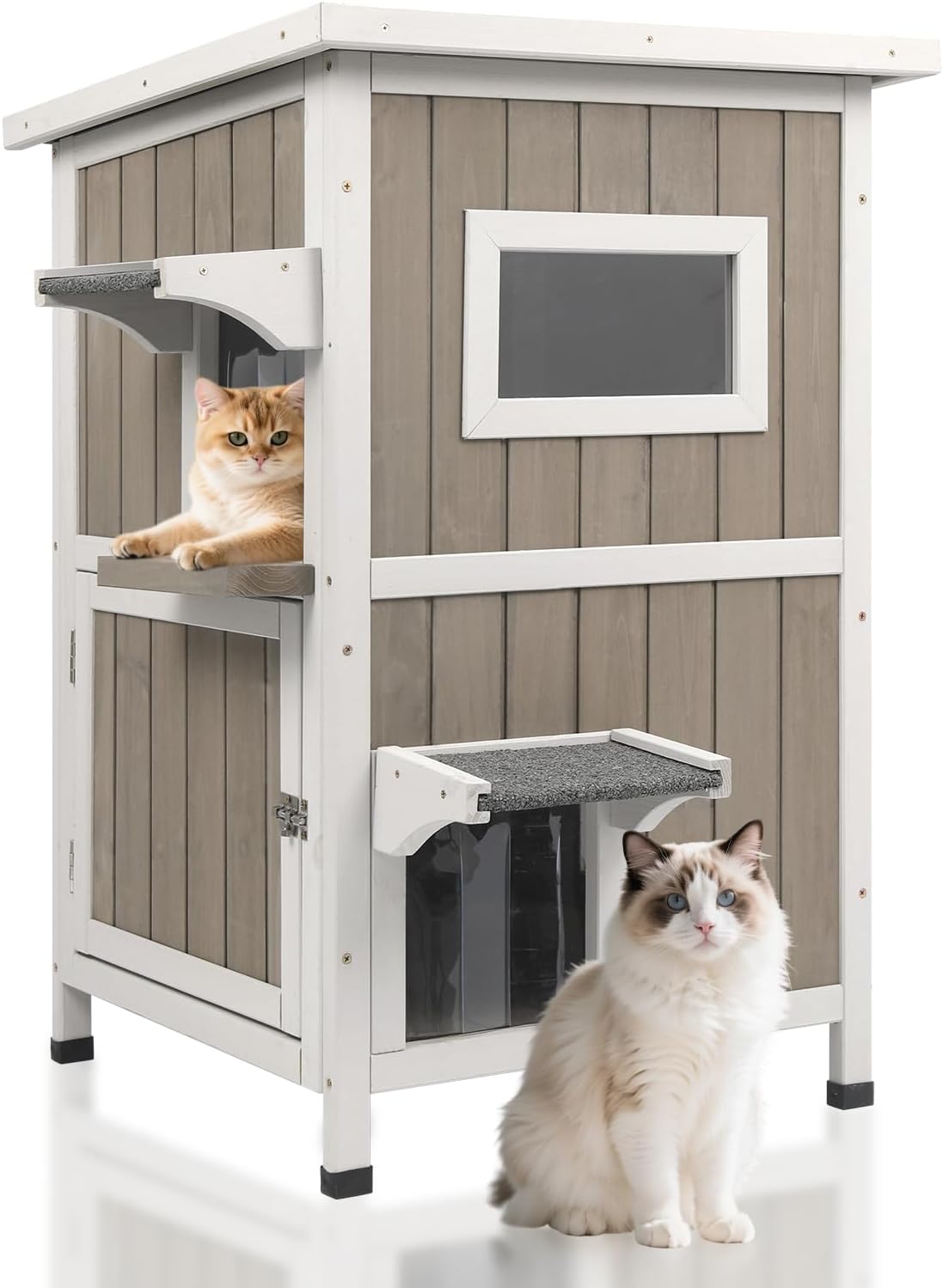 2-Story Outdoor Cat House, Weatherproof Wooden Feral Cat Shelter with Openable Roof, PVC Curtains, Transparent Window, Escape Doors, Cat House for Outdoor Cats