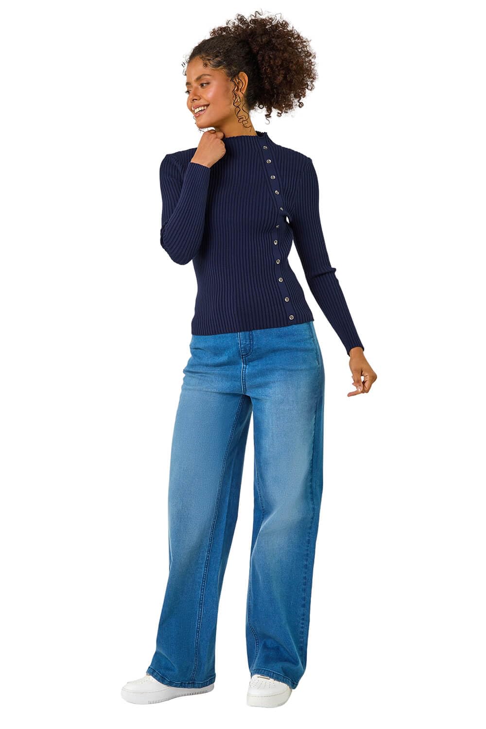 Dusk High Neck Button Detail Rib Jumper - Navy - Size 16
