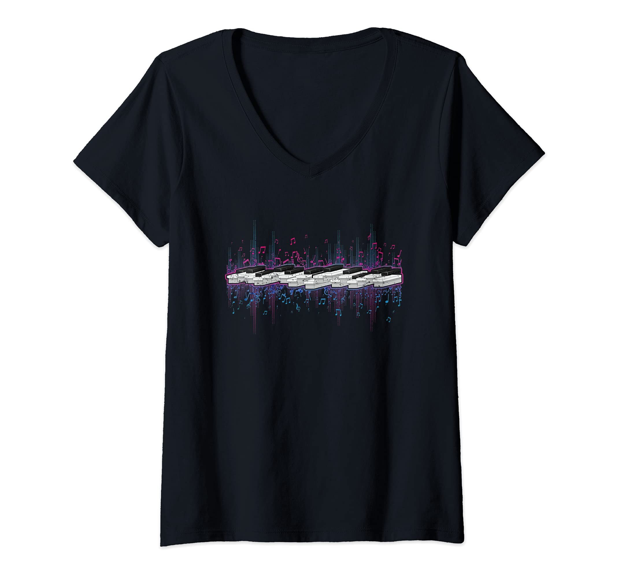 Womens Classical Music Instrument Piano Keyboard Music Notes Piano V-Neck T-Shirt, Black